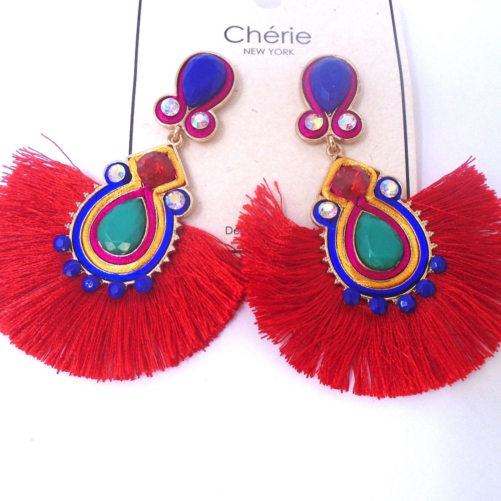 Red Multi Color Statement Tassel Crystal Earrings - image 1